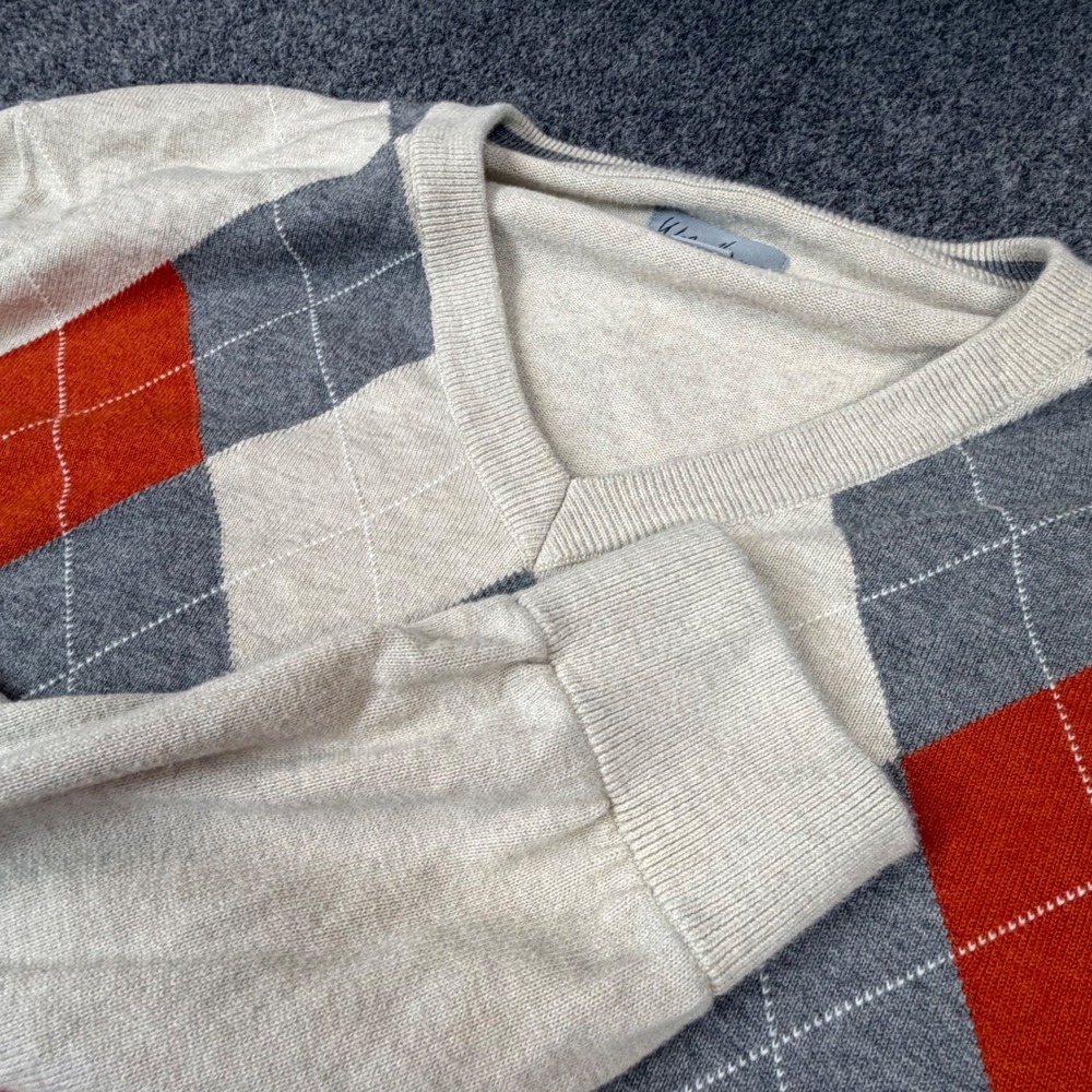 VTG Walter Hagen Mens XXL Argyle V-Neck Sweater Cream Gray Orange Golf Pullover